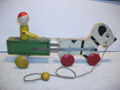 Billy Hustler Wooden Pull Toy , Dog Pulling Wagon w/ Rider